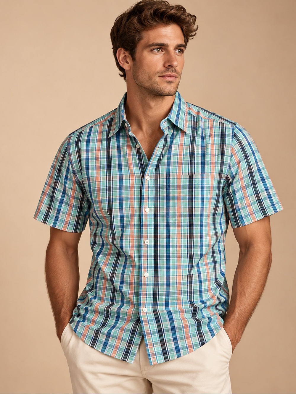 Nautica 80s Two-Ply Cotton Plaid Short Sleeve Shirt Size L